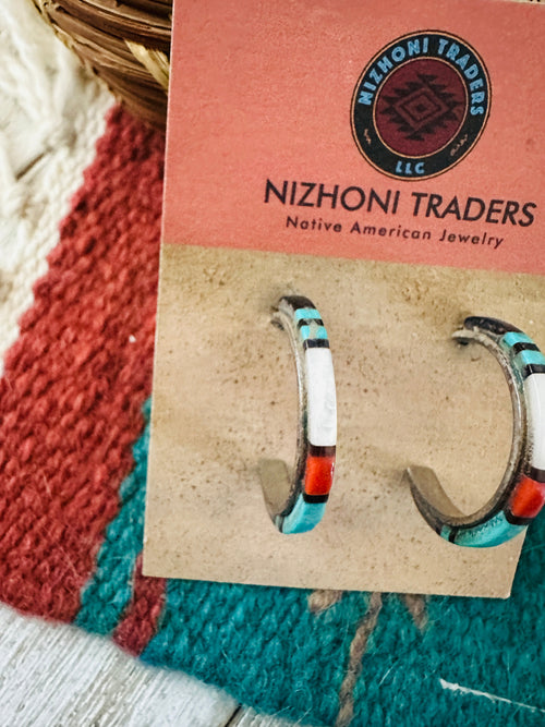 Handcrafted Old Pawn Sterling Silver & Multi Stone Inlay Hoop Earrings