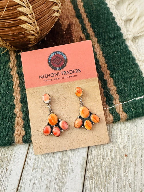 Old Pawn Handcrafted Sterling Silver and Orange Spiny Dangle Earrings