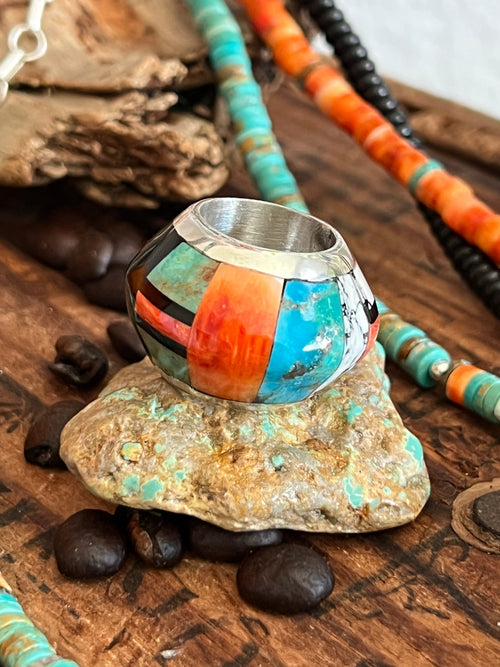 Daniel Coriz Triple Strand Spiny Oyster, Onyx and Turquoise Beaded Necklace w/ Removable Sterling Silver & Stone Inlay Bead