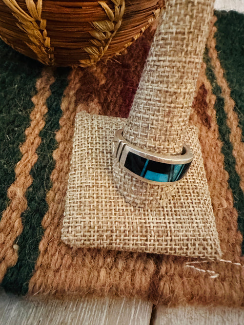 Old Pawn Handcrafted Onyx, Turquoise & Sterling Silver Inlay Ring Size 12