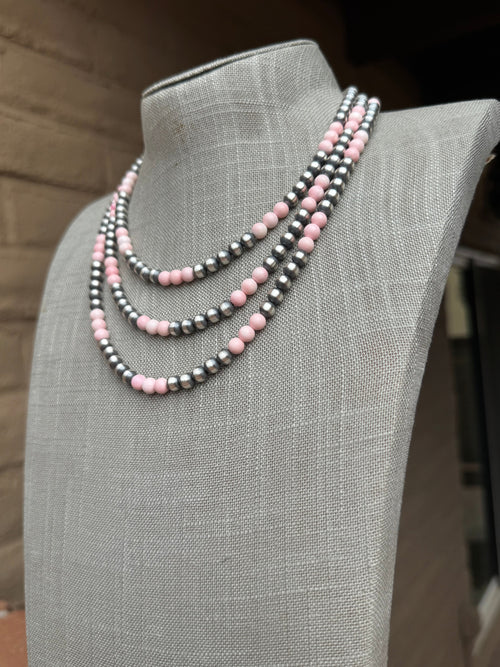 Handcrafted Sterling Silver Pearl & Queen Pink Conch Beaded Necklace 6mm