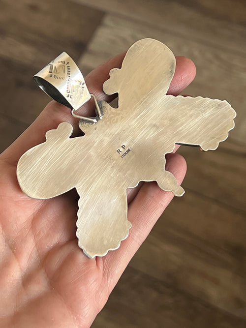 Apache Sterling Silver, White Buffalo and Black Onyx Butterfly Pendant by Rosella Paxson