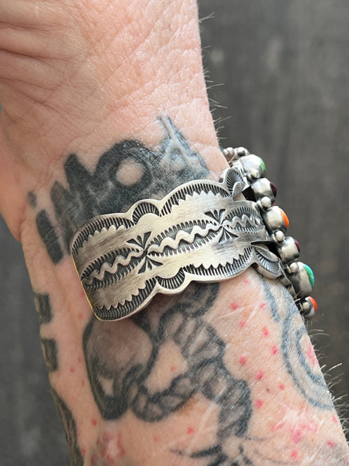 Handcrafted Sterling Silver Electric Rainbow Sonoran Turquoise and Spiny Oyster Cluster Cuff Bracelet by Murphy Platero
