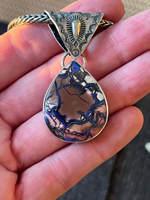 Handcrafted Artisan Sterling Silver & Boulder Opal Pendant by Mahkato Silver