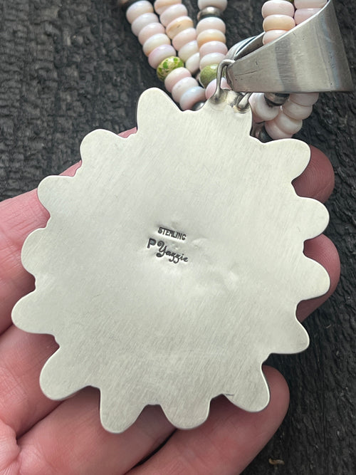 Handcrafted Sonoran Gold Turquoise, Sterling Silver and Pink Conch Cluster Pendant w/ Beaded Multistrand Necklace by Patrick Yazzie