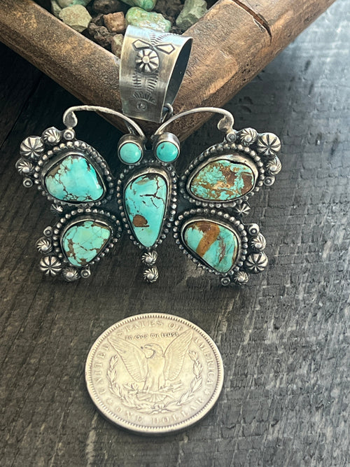 Apache Made Sterling Silver & Pilot Mountain Turquoise Butterfly Pendant by Rosella Paxson