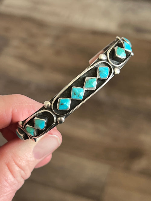 Handcrafted Vintage Sterling Silver and Four Diamond Turquoise Panel Stacker Cuff Bracelet