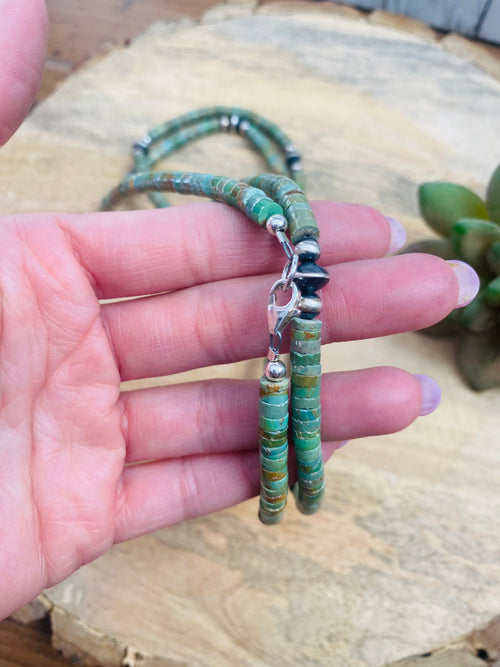 Handcrafted Turquoise & Sterling Silver Pearl Beaded Necklace 40 inch