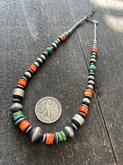 Navajo Made Electric Rainbow Sterling Silver, Turquoise and Spiny Oyster Single Strand Beaded Necklace by Rose Martin, 18 + 2 Inches