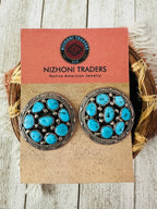 Old Pawn Navajo Sterling Silver & Kingman Turquoise Cluster Post Earrings