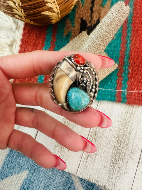 Handcrafted Old Pawn Sterling Silver, Turquoise & Coral Claw Ring Size 11.5