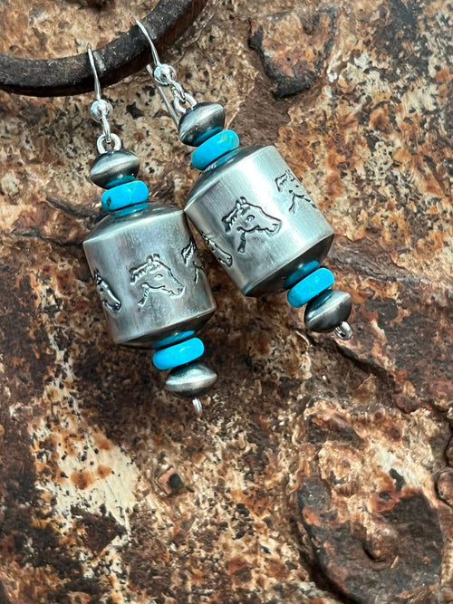 Sterling Silver and Turquoise Handcrafted Barrel Bead Earrings by Preston Haley