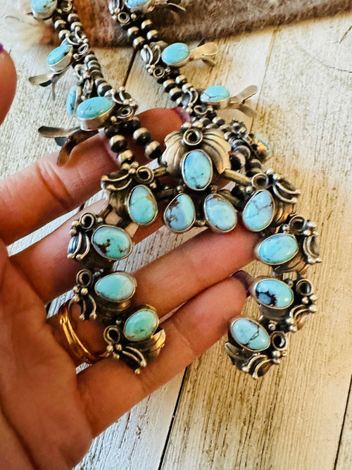 Navajo Golden Hills Turquoise & Sterling Silver Squash Blossom Necklace Set