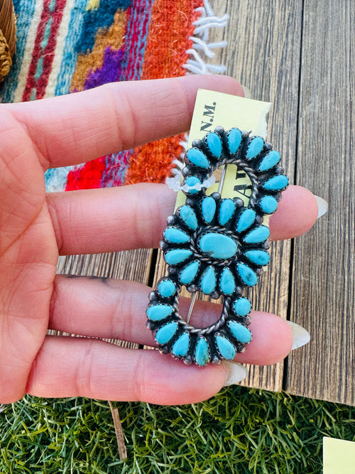 Old Pawn Handcrafted Turquoise and Sterling Silver Cluster Brooch