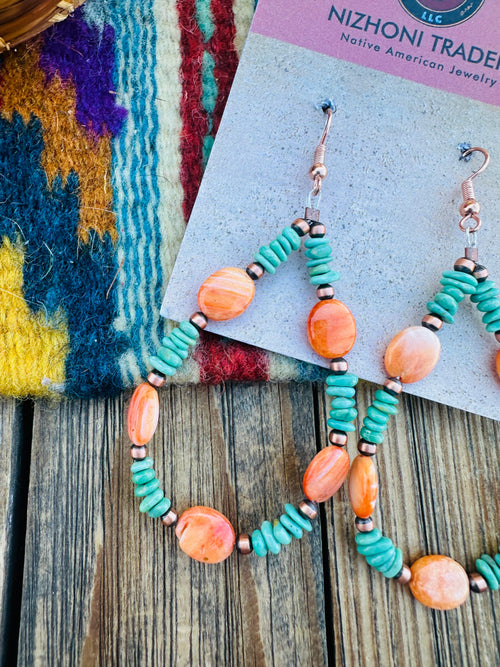Handcrafted Spiny Oyster, Turquoise & Copper Beaded Dangle Hoop Earrings