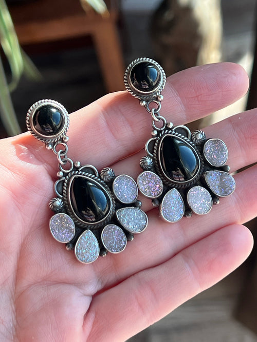 Navajo Sterling Silver, Black Onyx and Angel Aura Druzy Quartz Cluster Earrings by Tyler Brown