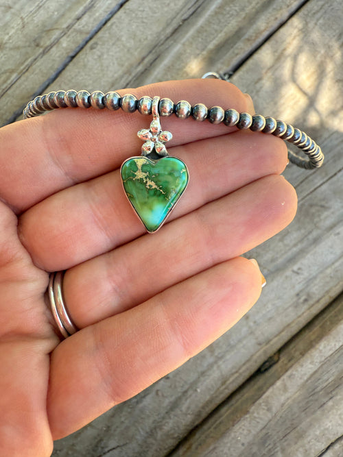 Handmade Sterling Silver Sonoran Mountain Turquoise Beaded Heart Necklace