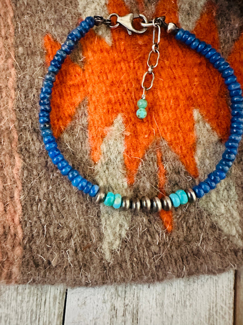 Navajo Sterling Silver Pearl, Lapis & Turquoise Beaded Bracelet