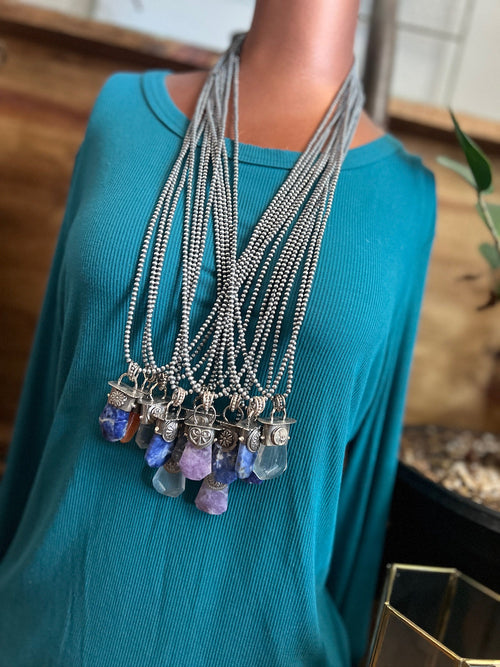 Sterling Silver Gem Collector 30” + 2” Beaded Necklace w/ Sodalite & Rosette Pendant