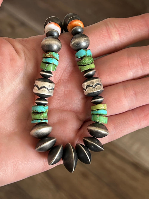 Navajo Made Electric Rainbow Sterling Silver, Turquoise and Spiny Oyster Single Strand Beaded Necklace by Rose Martin, 18 + 2 Inches