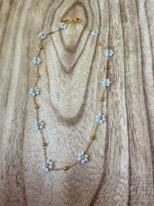 “The Golden Collection” White Beaded Gold Plated Flower Necklace