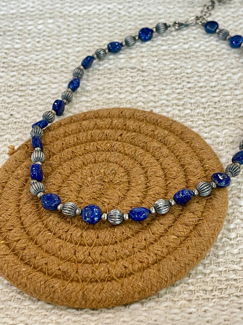 ** 4TH OF JULY ** Handmade Sterling Silver & Lapis Beaded Necklace Signed Nizhoni