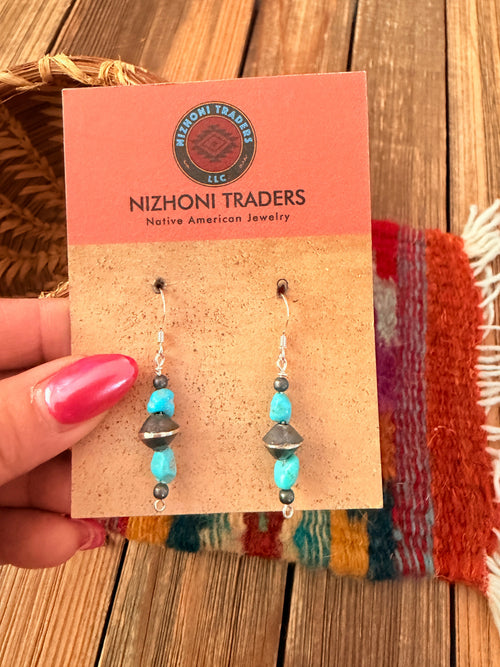 Handcrafted Turquoise & Sterling Silver Pearl Beaded Dangle Earrings