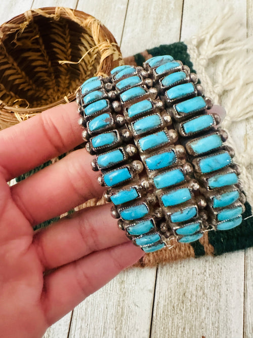Handcrafted Old Pawn Turquoise & Sterling Silver Cluster Cuff Bracelet