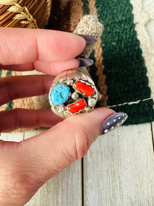 Old Pawn Handcrafted Turquoise, Coral & Sterling Silver Ring Size 12