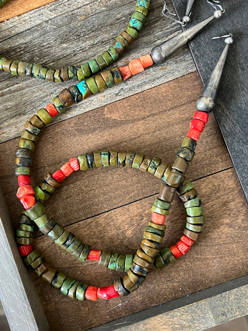 Navajo Hubei Turquoise Beaded Necklace with Sterling Silver and Bamboo Coral by Kirby Smith: 13 To Choose From!