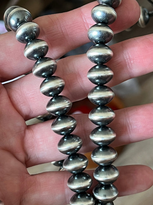 Vinita Cowboy Handcrafted 11.5mm Sterling Silver Saucer Pearl Beaded Necklace, Multiple Lengths