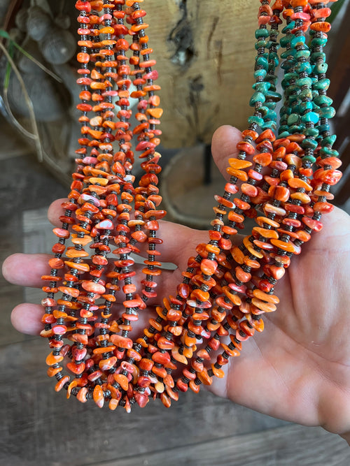 Gorgeous Santo Domingo Made Eight Strand Spiny Oyster and Turquoise Beaded Squaw Wrap Necklace by Daniel Coriz