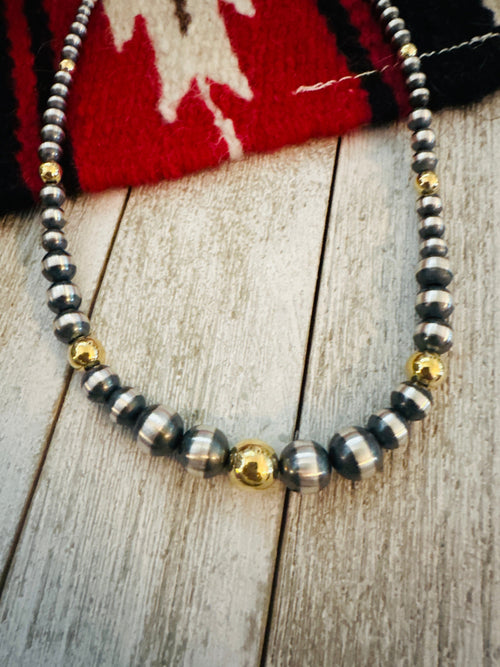 Navajo Sterling Silver & Gold Beaded 18” Necklace