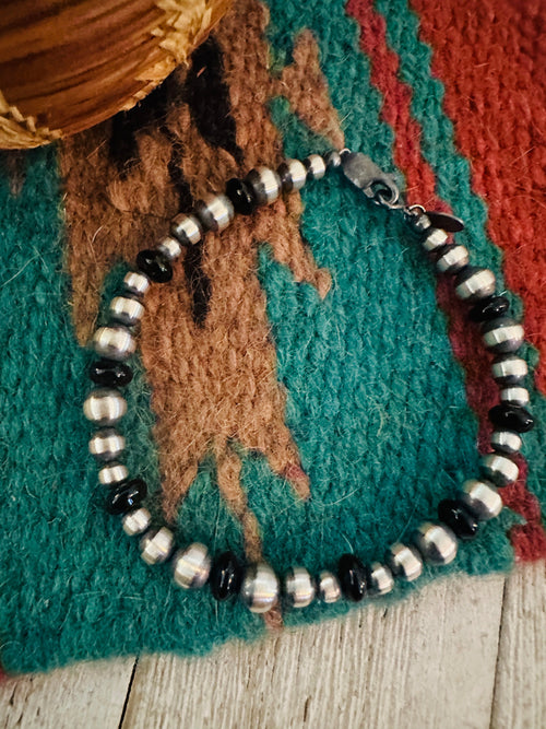 Navajo Black Onyx and Sterling Silver Pearl Beaded Bracelet