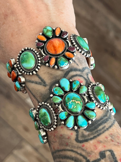 Stunning Sterling Silver, Sonoran Mountain Turquoise and Spiny Oyster Shell Cluster Link Bracelets by Diane Wylie