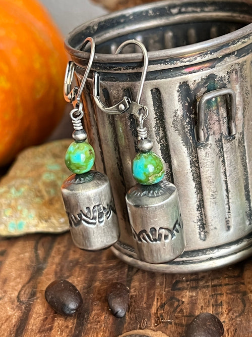 Handcrafted Sterling Silver Stamped Barrel & Sonoran Turquoise Bead Earrings