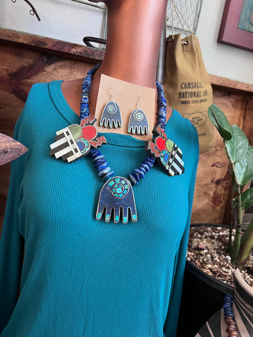 Handcrafted Multi Stone Inlay Healing Hand and Storm Cloud Necklace & Earrings by Warren Nieto