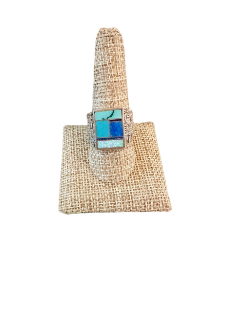 Handcrafted Old Pawn Sterling Silver & Multi Stone Inlay Ring Size 10