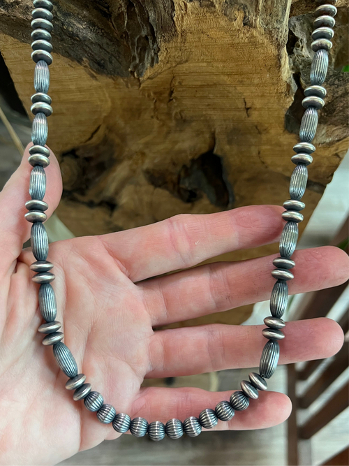 Old Pawn Sterling Silver Navajo Saucer and Corrugated Bead Necklace, 24 inches
