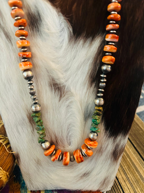 Handcrafted Spiny, Turquoise & Sterling Silver 24” Beaded Necklace by Chimney Butte