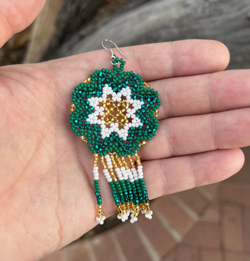 Handmade MultiColor Beaded Dangle Earrings (Green, White, & Gold)