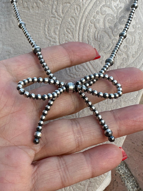 Handcrafted 4-8mm Sterling Silver Pearl Beaded Bow Tie Necklaces