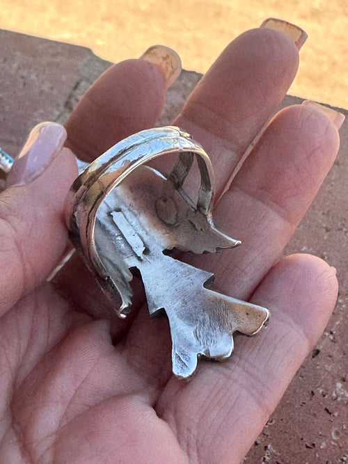 Old Pawn Navajo Coral and Turquoise Chip Inlay Waterbird Ring Size 13.5