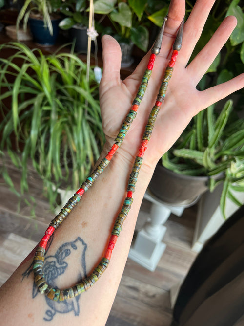 Navajo Hubei Turquoise Beaded Necklace with Sterling Silver and Bamboo Coral by Kirby Smith: 13 To Choose From!