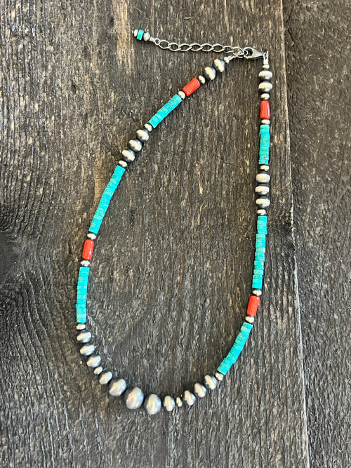 Handcrafted Summer Lovin’ Beaded Layering Necklace with Sterling Silver, Turquoise and Mediterranean Coral, 14” + 2”, The Beach Cruiser