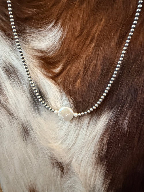 Handcrafted Mother of Pearl and Sterling Silver Pearl Beaded Necklace