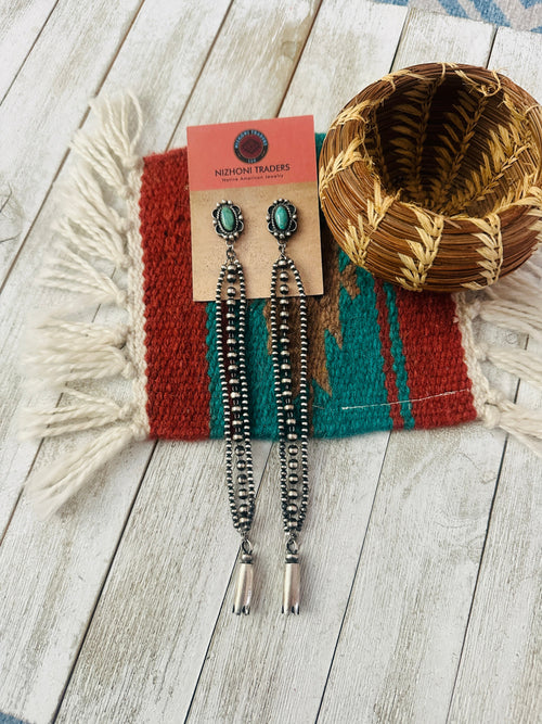 Navajo Turquoise & Sterling Silver Pearl Beaded Blossom Dangle Earrings