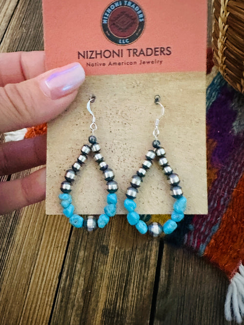 Handcrafted Turquoise & Sterling Silver Pearl Beaded Dangle Hoop Earrings