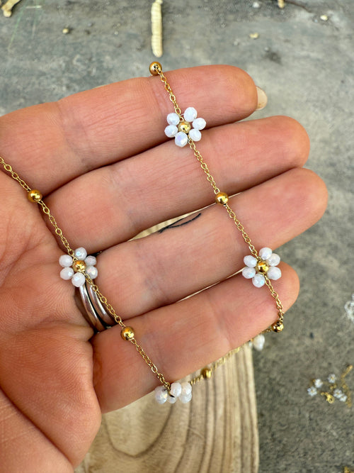 “The Golden Collection” White Beaded Gold Plated Flower Necklace