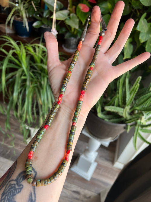 Navajo Hubei Turquoise Beaded Necklace with Sterling Silver and Bamboo Coral by Kirby Smith: 13 To Choose From!